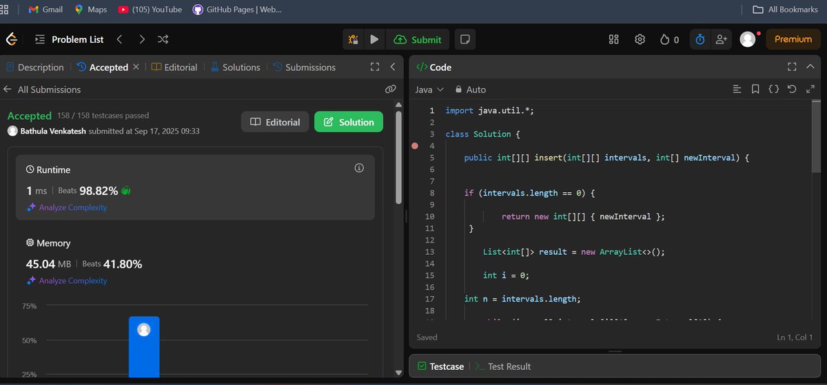 venkateshcoderr's tweet image. Good morning guys!
> I woke up at 5:00 AM and solved a problem from the Greedy playlist.
> Problem: Insert Intervals
>I got stuck, feels like a medium problem. Took 2 hours to understand deeply. Still, I feel I was on the right path! 💪
#gfg | #problemsolving | #DSA