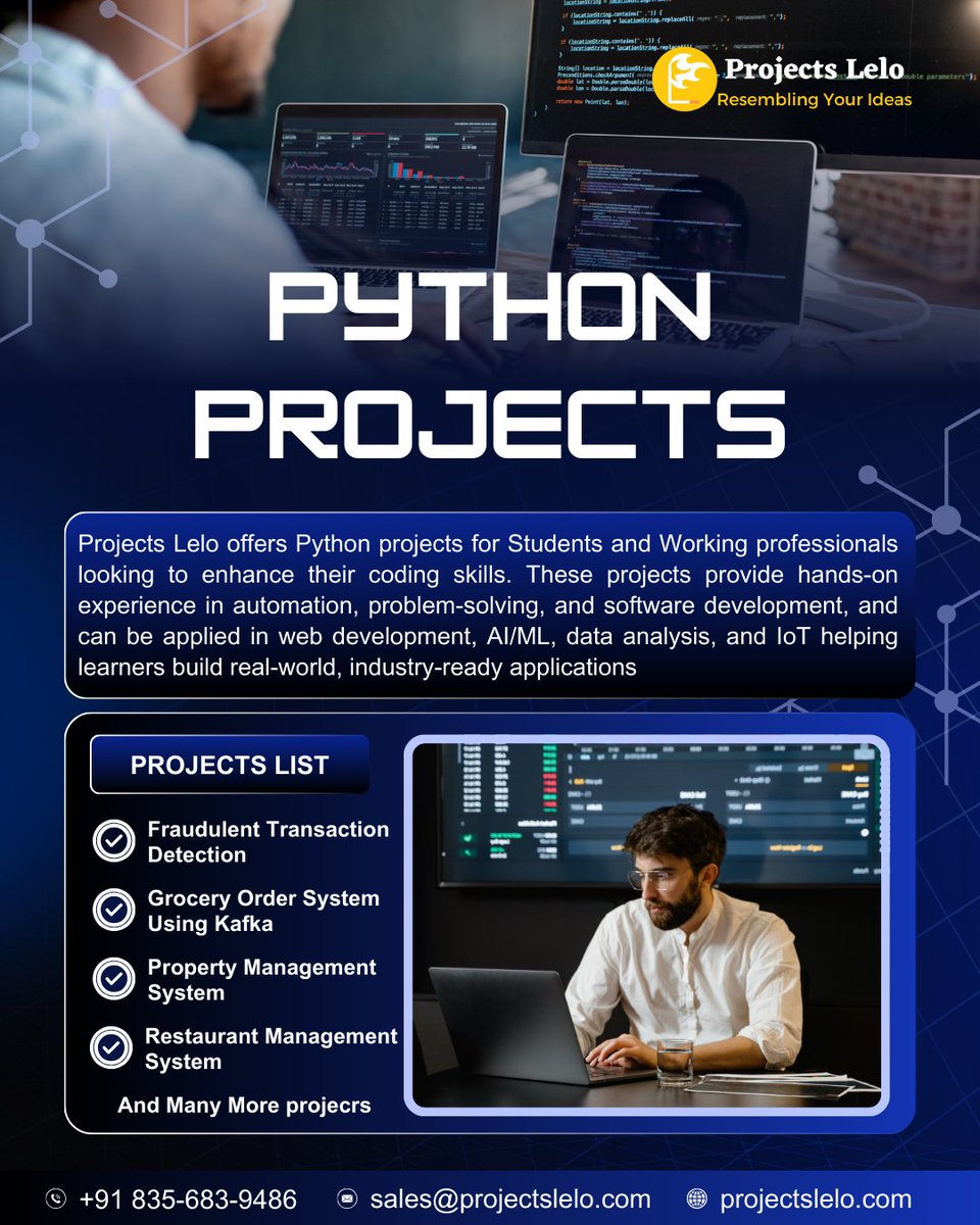 ProjectsLelo's tweet image. Unlock your coding potential with Python Projects from Projects Lelo🐍
📞wa.me/918356839486
📩sales@projectslelo.com
🌐projectslelo.com
#PythonProjects #PythonCoding #SoftwareDevelopment #WebDevelopment #AIML #MachineLearning #DataAnalysis #IoTProjects #ProjectsLelo