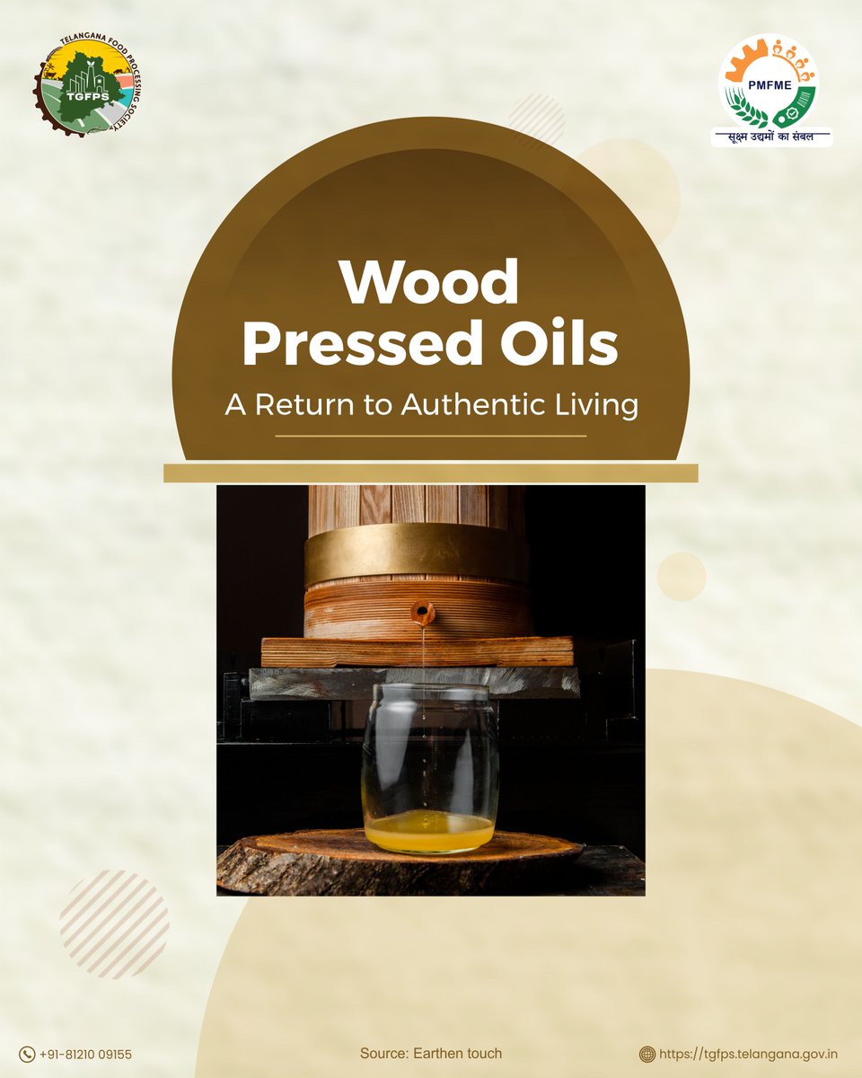 PmfmeTelangana's tweet image. Sometimes, the best way forward is to look back! 
Wood-pressed oils revive the traditional method of oil extraction, delivering purity, freshness, and authentic flavor straight to your kitchen. 
 
Know how! 

#PMFME #Telangana #PMFMEScheme #Freshness #TraditionalMethods…
