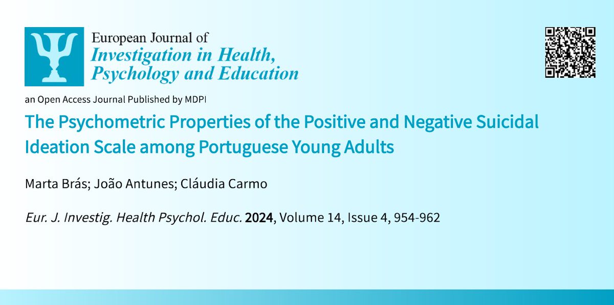 EJIHPE_MDPI's tweet photo. 🥳Welcome to read👉"The #PsychometricProperties of the #PositiveSuicidalIdeationScale & #NegativeSuicidalIdeationScale among #PortugueseYoungAdults"📰by🧑🏫Dr. M. Brás et al.:🧷https://t.co/jeYjt6VURp
#suicidalideation #confirmatoryfactoranalysis #reliability #validity https://t.co/WCgv5q2tQu