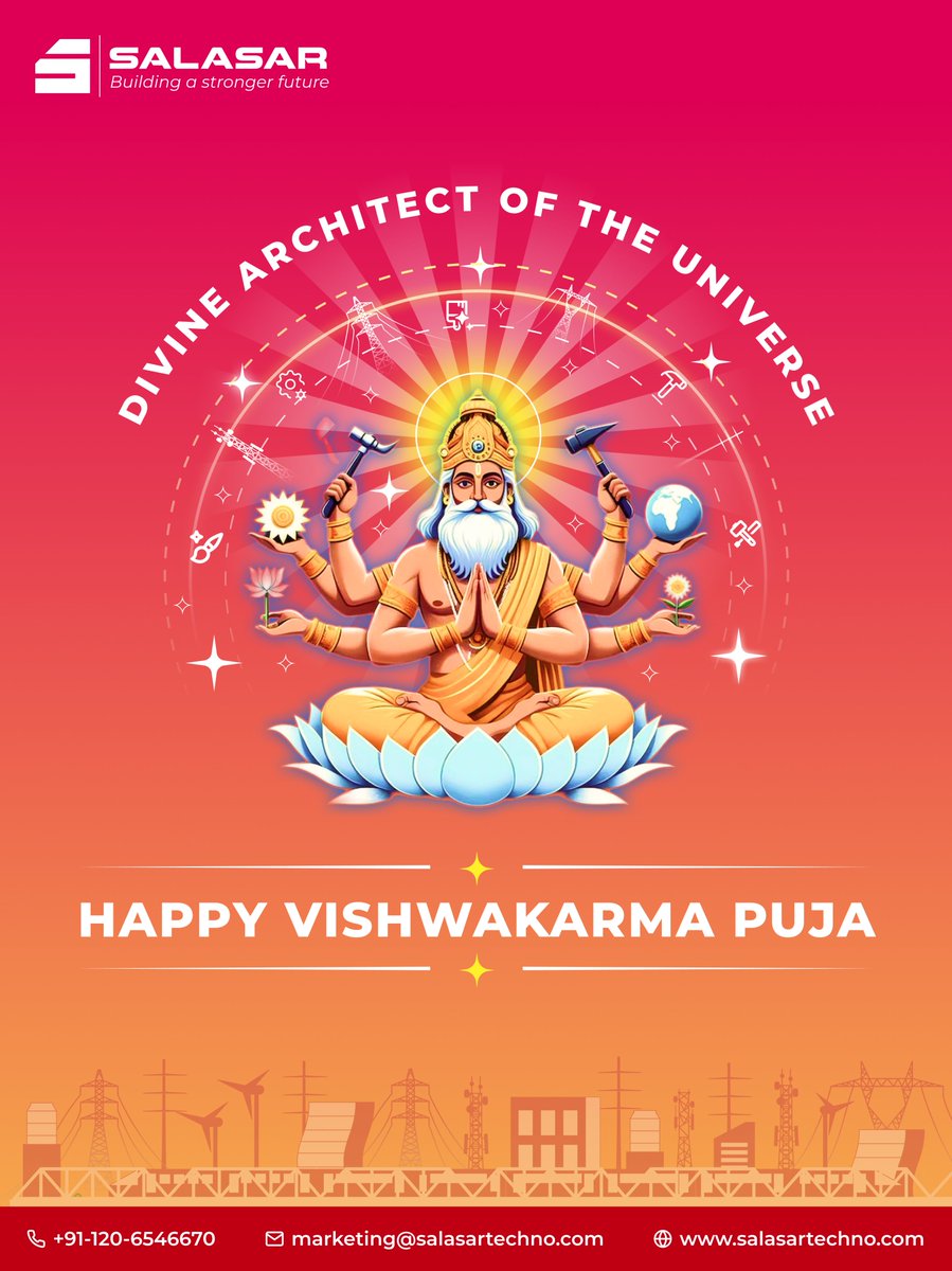 SalasarLimited's tweet photo. This Vishwakarma Pooja reminds us that innovation thrives on discipline, skill, and purpose. At Salasar, we embody this ethos in every project, ensuring reliability, safety, and growth for generations.

Celebrating the creators and builders of tomorrow!
#VishwakarmaPooja https://t.co/N8I4ORmGHP