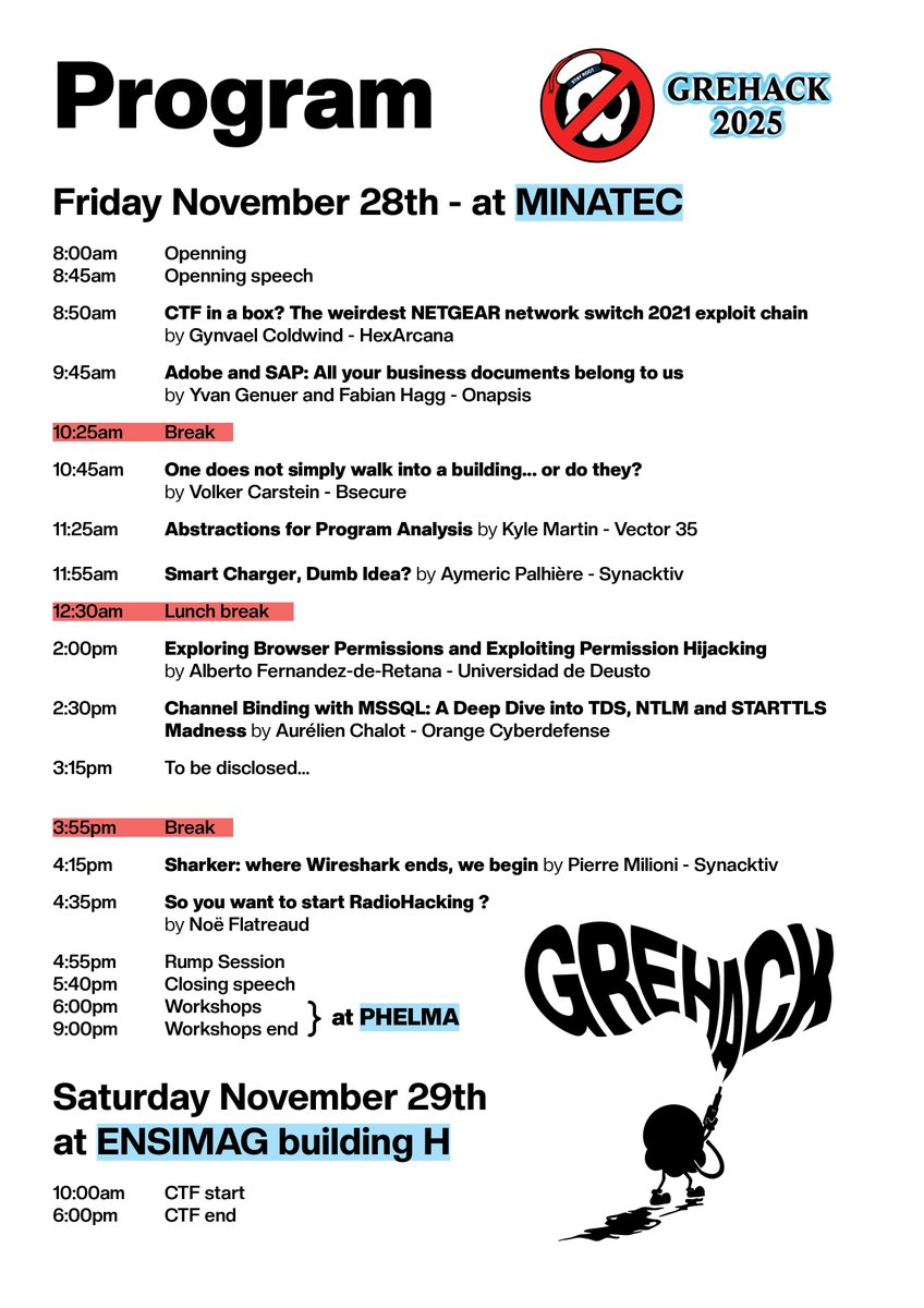 GreHack (@grehackconf) on Twitter photo Hey Folks
The program for this year is now almost full announced 🥳
Still hesitating to come this year? You won't hesitate a single second once you've seen the conference program 📢
We will soon be announcing the sale of tickets dates, the list of workshops and the hoodie designs Hey Folks
The program for this year is now almost full announced 🥳
Still hesitating to come this year? You won't hesitate a single second once you've seen the conference program 📢
We will soon be announcing the sale of tickets dates, the list of workshops and the hoodie designs