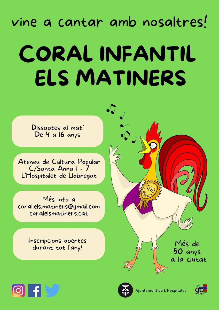 📢 Busques una coral prop de casa on cantar i passar una bona estona? No t’ho pensis i vine a provar-ho! 😃Assajos, concerts, sortides... tot de propostes engrescadores per a nens, nenes i joves de 4 a 16 anys a la Coral Infantil Els Matiners i a partir de 16 a Cor de Nit! 🐔🌙