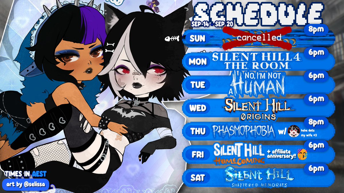 miss_flutterbea's tweet image. forgot to post this again, but here is the updated schedule for the rest of this week 💙

caput mortum will be moved to the end of next week.

stream times may fluctuate (so physically exhausted recently)

#flutterbea