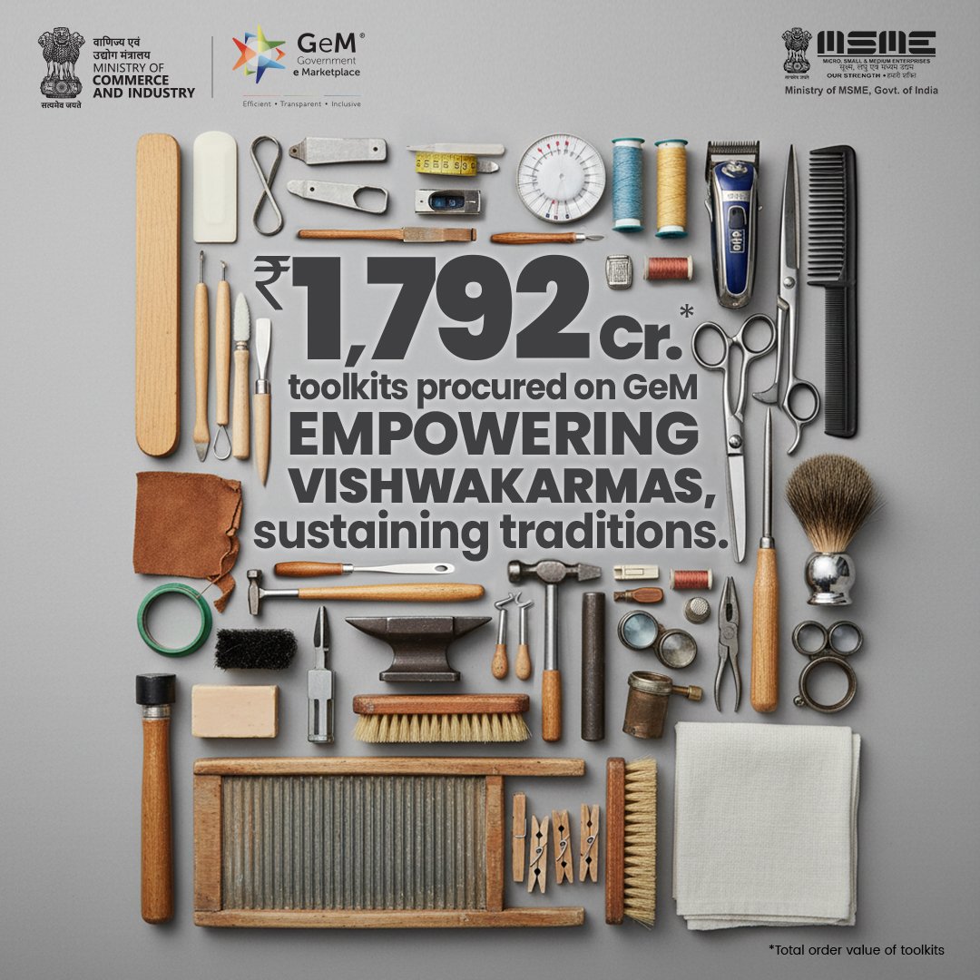 GeM_India's tweet image. Through GeM, DC MSME via NSIC has procured toolkits worth ₹1,792 Cr. for a wide range of trades—#tailors, #potters, #barbers, goldsmiths, washermen and more—under the PM Vishwakarma Scheme.

This initiative goes beyond procurement. It is about providing opportunities, supporting…