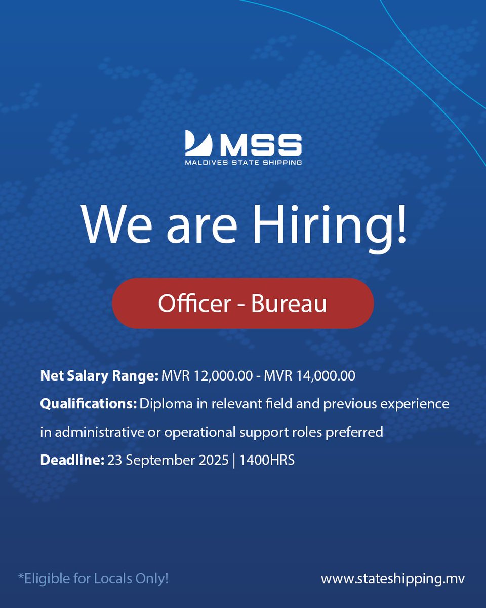 Join our team and be a vital part of an innovative community thriving on excellence and productivity!
Apply now! ⛴️🧑‍✈️

gazette.gov.mv/iulaan/360145