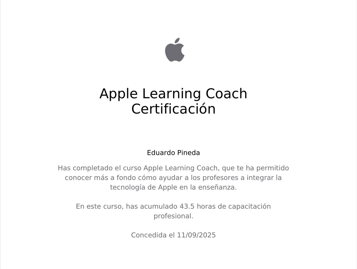 cartescsb's tweet image. He logrado obtener mi certificación como Apple Learning Coach.
#AppleLearningCoach #ALCMx #AppleLearningCoachMx