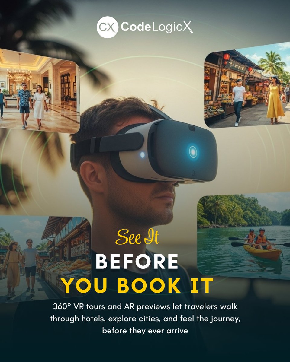 Codelogicx's tweet image. Travelers don’t just want promises. They want proof.

With AR and VR travel previews, you can put them inside the room, on the beach, or in the heart of the city, before they click ‘Book Now.’

#VRTravel #ARMarketing #TravelInnovation #FutureOfTravel #CodeLogicX #HospitalityTech