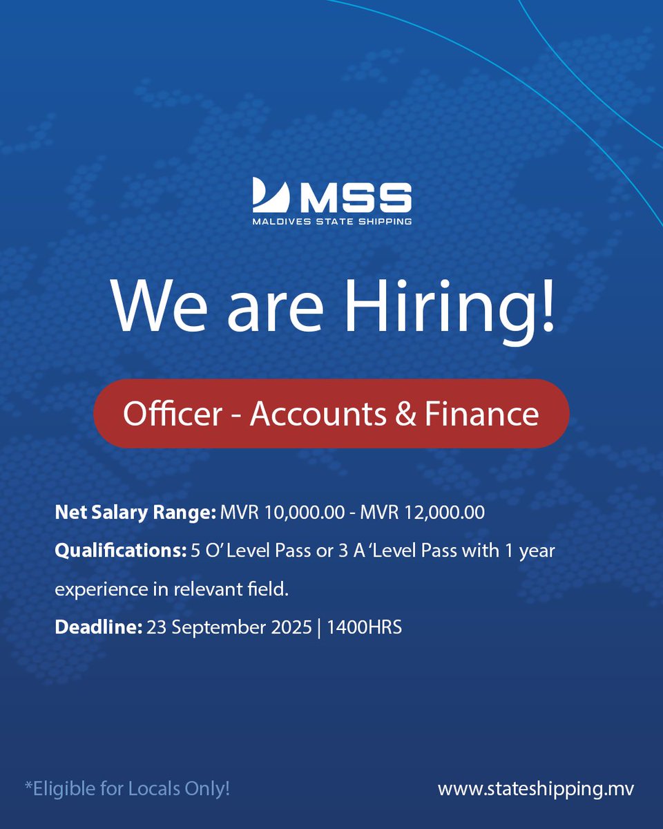 Join our team and be a vital part of an innovative community thriving on excellence and productivity!
Apply now! ⛴️🧑‍✈️

gazette.gov.mv/iulaan/360149