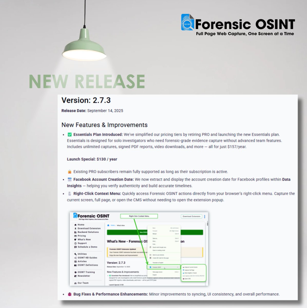 ForensicOsint's tweet image. 🚀 New Release: Forensic OSINT v2.7.3

This update brings several key improvements designed to make evidence capture and analysis even faster for investigators:

✅ Essentials Plan Introduced – Simplified pricing with a new plan built for solo investigators. Unlimited captures,…