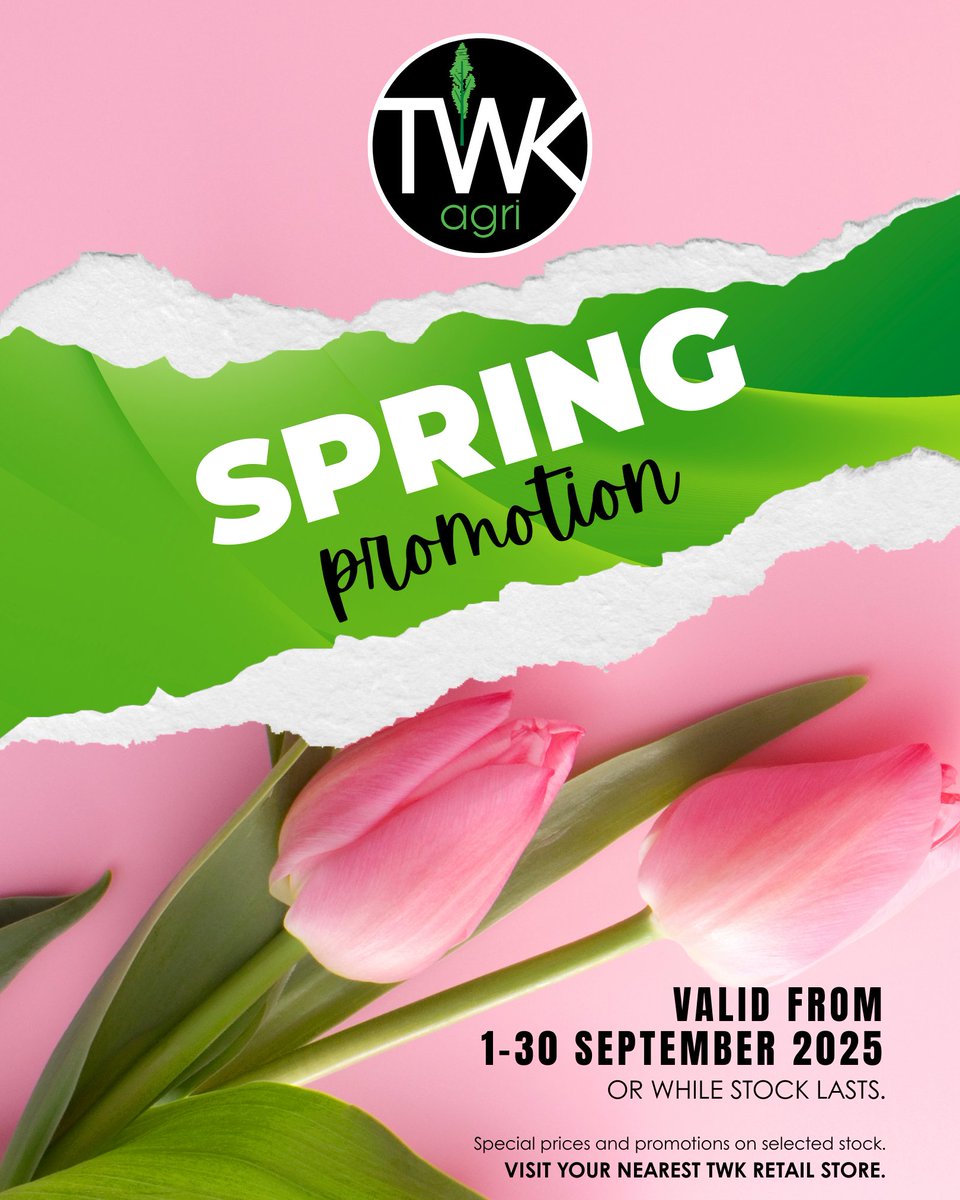 TWK_Agri's tweet photo. Spring savings are here! 🌱 Don’t miss the TWK Trade September Promotions 2025.

1–30 Sept (while stock lasts)
Shop at your nearest TWK Retail Store

 https://t.co/keItdyGHvo

#TWKAgri #SpringPromotions #FarmSmarter https://t.co/c8VQHRRiCp