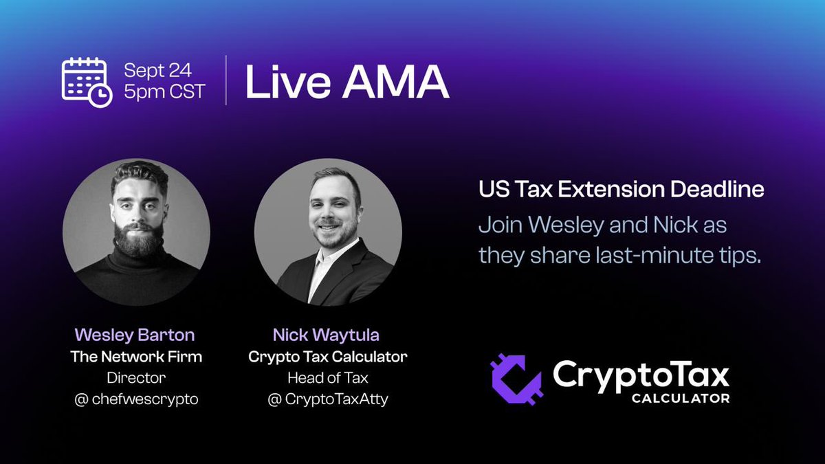 The US Crypto Tax Deadline (Oct 15) is right around the corner 🇺🇸

Lucky for you, we've got <a href="/CryptoTaxAtty/">Nick Waytula</a> &amp; @chefwescrypto here to answer all your questions.

Drop them in the comments now and we'll answer them during the AMA next week!

⏰ Wednesday 24th Sept | 5pm CST
📍 X