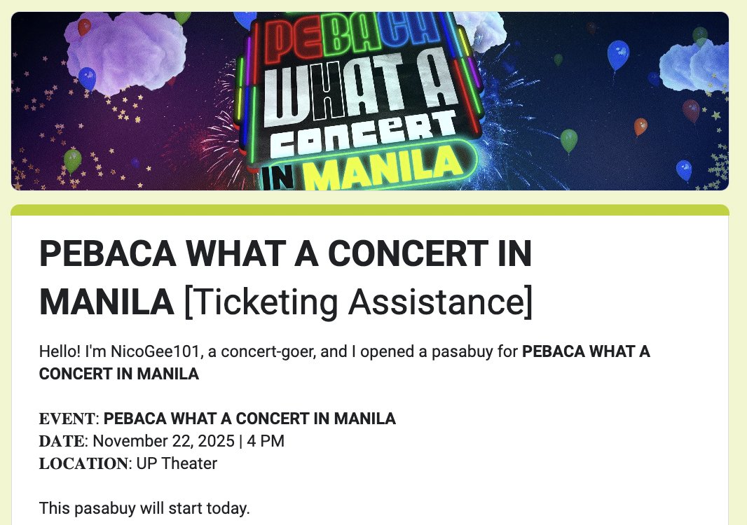[#PEBACAConcertinManila #GMMTV #WishUsLuckPH]

wts lfb tpa ticket htb proxy PERAYA, BABII, POLCA Krist, Singto, Off, Gun, Tay, &amp; New

FORM: forms.gle/c3jDKB3LrCiJGC…

📢 Ticketing assistance / pasabuy / pasabay / pabili / have to buy for PEBACA WHAT A CONCERT IN MANILA is now
