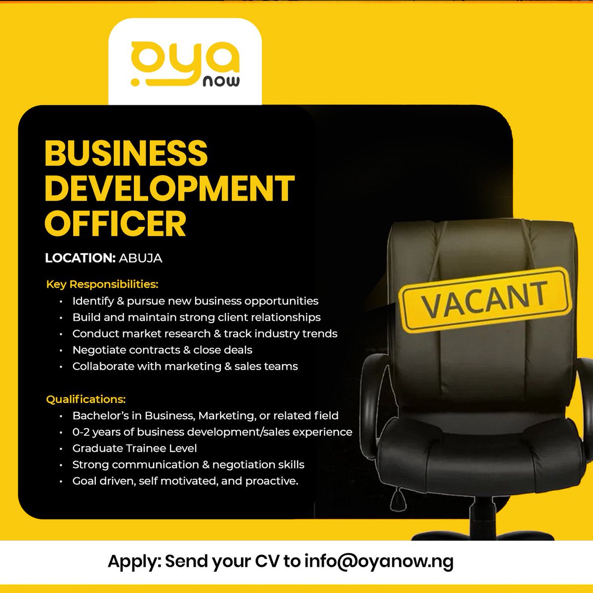 Oyanowng's tweet image. 🚨 We’re Hiring! 🚨
Join our team as a Business Development Officer in Abuja.
If you’re goal-driven, proactive, and ready to build strong client relationships, this Rolex is for you!
📩 Send your CV to: info@oyanow.ng

#jobsinabuja #abujajobs #hiring #businessdeveloper