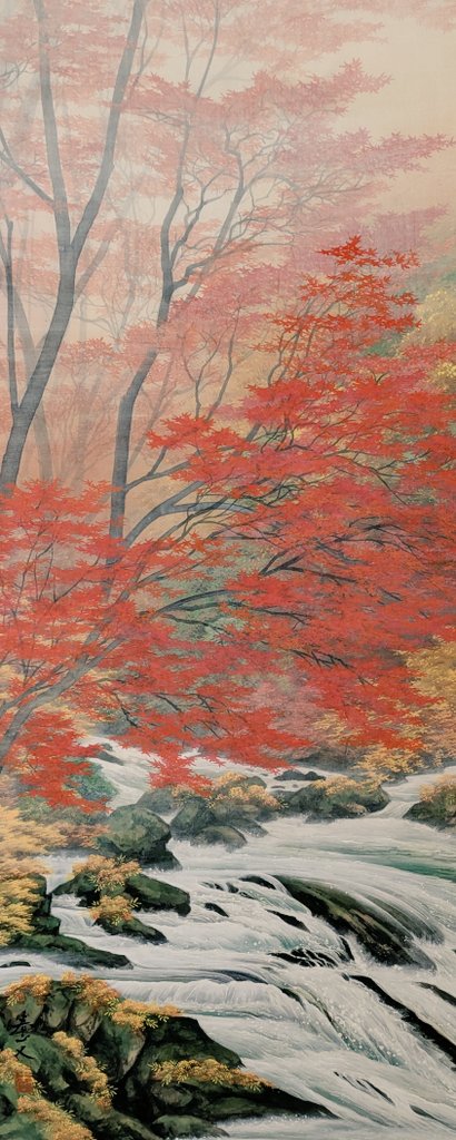 掛軸 日本画 松生春山人「春の嵐峡」共箱 元日府展理事 青龍会会員 掛軸 日本画 松生春山人「春の嵐峡」共箱 元日府展理事 青龍会会員