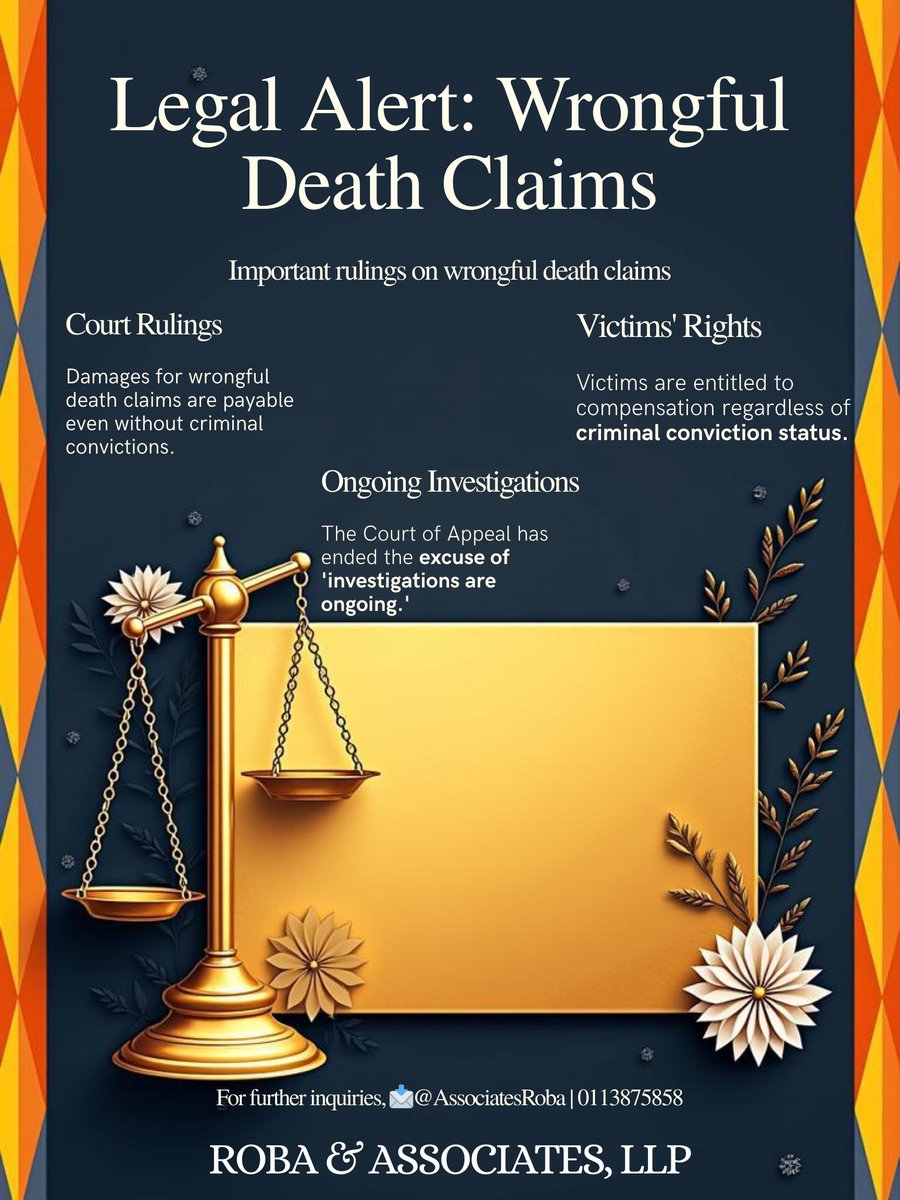 AssociatesRoba's tweet photo. Damages For Wrongful Death Claims Are Payable Even Without Criminal Convictions. 

In conjunction with the initial legal alert, on how the Court of Appeal has ended the tired excuse of “investigations are ongoing” in Sharma v AG & Others [2025] KECA 1470. The second limb of this judgment is even more consequential. 

The Court has now affirmed, that claims  for wrongful death against the State can stand firmly on their own and victims are entitled to compensation notwithstanding the absence of a criminal conviction.

The Court declared the killing of Mr. Bunty Shah by State agents unlawful and unconstitutional, referred the matter back to the High Court for immediate assessment of damages, and held that the child of the deceased had been deprived of parental care. It rejected the High Court’s reluctance to intervene, insisting that constitutional responsibility cannot be suspended until someone is charged or convicted. In the Court’s words and conduct, civil and constitutional liability is not dependent on criminal proceedings.

The State bears independent constitutional responsibility for unlawful killings, even as individual officers may or not face criminal liability. The Court has clarified that victims and their families need not wait for investigations or endless prosecutions before seeking redress.

Where the facts establish State involvement, the courts will move directly to assess damages.

The take-home : 
Victims of police killings need not to wait for convictions, nor wait in line at for the ‘presidential panel’ to disburse their damages. The courts are open, the Constitution is clear, and this judgment provides the blueprint; declare the violations, award damages, and make the State answer for the lives it unlawfully takes. Period!

This decision also brings us to another elephant in the room; the essence of presidential panel of experts compensation of victims of demonstrations and public protests. That purported panel, however well intentioned, is constitutionally misguided. @NelsonHavi @joshuamalidzo @MiracleMudeyi @MikeSonko @robabdirizak201 @MutandaLaw @WMutunga