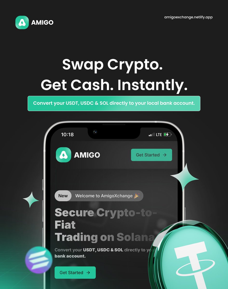 •Amigo Exchange 

Swap your crypto for cash instantly.
<a href="/AmigoXchange/">AmigoXchange || Beta</a> is a platform which makes it simple and secure to convert your USDT, USDC, and SOL directly to your local bank account. 

•Built on Solana, and designed for speed and ease.