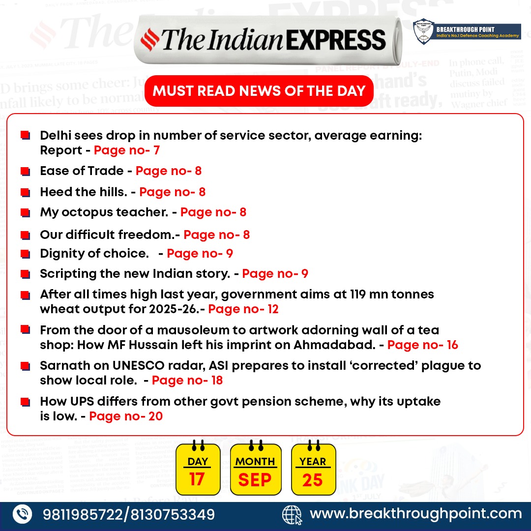 17th Sept | The Hindu &amp; Indian Express Headlines Curated Current Affairs for NDA, CDS, AFCAT &amp; SSB. Simplified by Bhavishya Sir at India’s No.1 Defence Academy – Breakthrough Point. 👉breakthroughpoint.co.in/enquiry #nda2025 #cds2025 #afcat2025 #ssbpreparation #currentaffairs