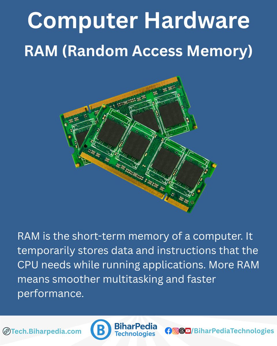BiharPediaHub's tweet image. ✨ Laptop/Desktop Hardware Explained – RAM (Memory):
💾 RAM = Speed Booster! It helps your computer handle multiple tasks at once. More RAM = smoother experience. 🚀
#TechBasics #RAM #ComputerMemory #HardwareGuide #BiharPediaTechnologies #BiharPedia #DigitalBihar #DigitalIndia