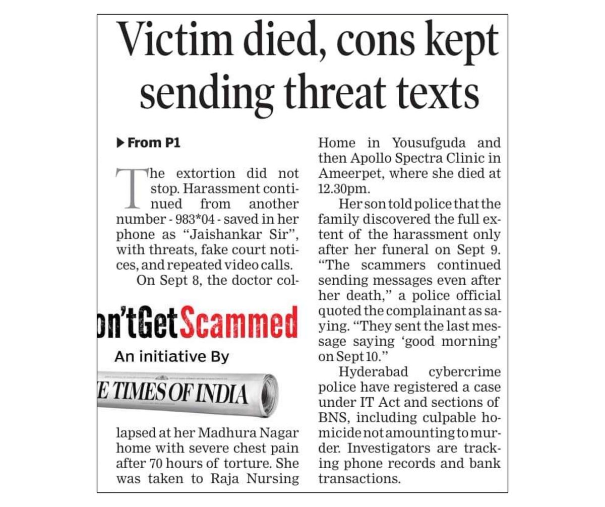 🚨 #DigitalArrestScam ALERT 🚨

Hyderabad has witnessed a heart-breaking case that shows how dangerous cyber fraud has become.

A 76-year-old retired doctor received a call from fraudsters posing as law enforcement. For 3 continuous days, she was bombarded with threats, mental