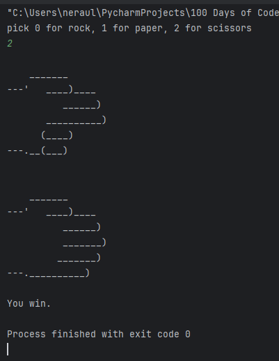 neraul_'s tweet image. Day 4 of python finished! made a cute little rock paper scissors game #100DaysOfCode