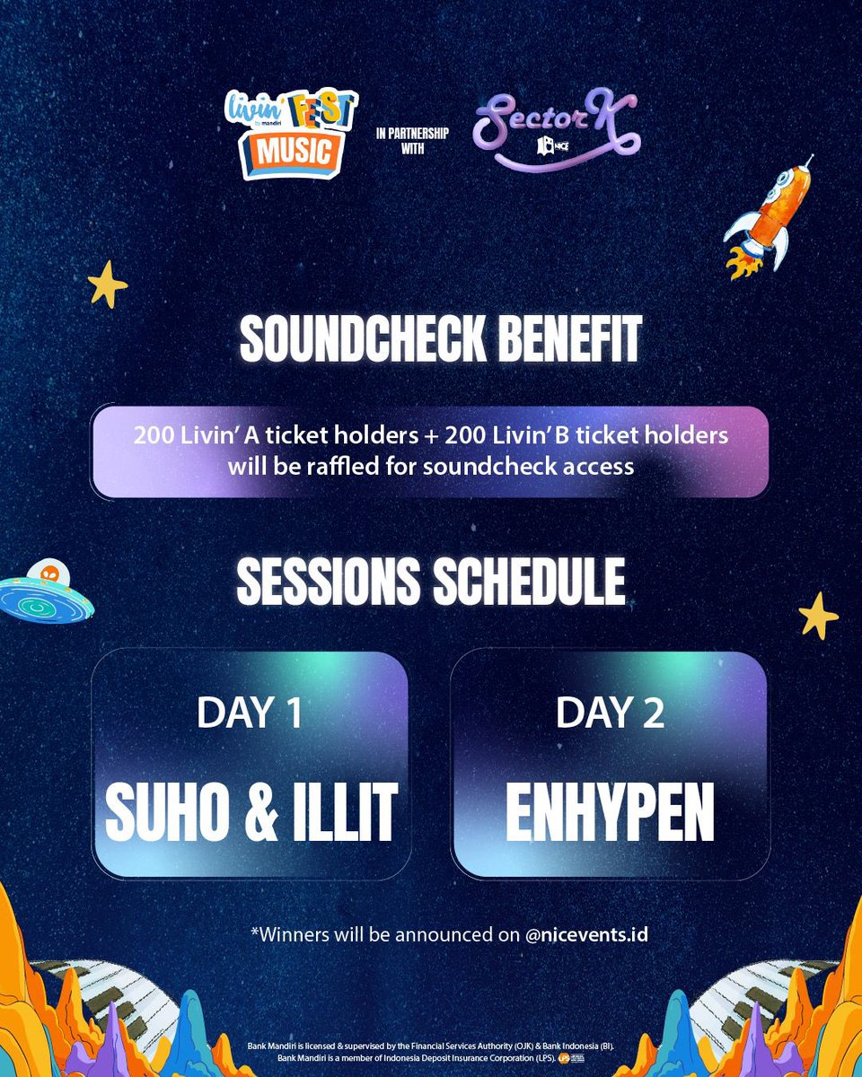 ENHYPEN_INA's tweet photo. [ INFO ] 
ENHYPEN at SECTORK 2025 detail information: Venue, Tanggal, Seat Plan, Tiketing & Harga Tiket  

👉Tanggal Show: 
[ MAIN SHOW ] 
18 October 2025 19.00 WIB 
19 October 2025 16.00 WIB 

[ SOUNDCHECK ] 
19 October 2025*

👉Venue: NICE PIK 2  HALL 1-3 

👉Seatplan: 5 section

👉Periode Tiketing: 

🎟️Exlucive Sale di LIVIN: start 18 September jam 10:00

🎟️ Public Sales LOKET: start 19 September  

👉Estimasi Final Price Tiket Inc 15%+5% 
🎟️ Livin a dan b : 1.950.000 
Jadi: 2.340.0000

🎟️ Kopra a dan b : 1.650.000
Jadi: 1.980.000

🎟️ Red : 1.850.000
Jadi: 2.220.000

🎟️ Purple a dan b : 950.000
Jadi: 1.140.000

🎟️ Green: 700.000 
Jadi: 850.000

📌Catatan Tambahan: 
***ENHYPEN akan perform untuk kedua tanggal baik di 18 & 19 October
***Harga diatas adalah harga estimasi/perkiraan dengan tambahan tax 15%
***Akan ada Souncheck untuk ENHYPEN pada Day 2 atau 19 October dengan sistem partisiapan raffle/diundi sebanyak 200 pemengang tiket Livin A dan 200 livin B. 

SECTOR K is K-pop festival with the biggest production, yet offered at an affordable price. 

Info lebih lanjut silahkan check berkala di @niceventsid atau https://t.co/e1waMk95bi

ENHYPEN COMING FOR SECTORK
#ENHYPEN_AT_SECTORK 
#SECTORK2025
#ENHYPEN #엔하이픈
@ENHYPEN @ENHYPEN_members

———

#NICEntertainment #SECTORK @bankmandiri @niceventsid