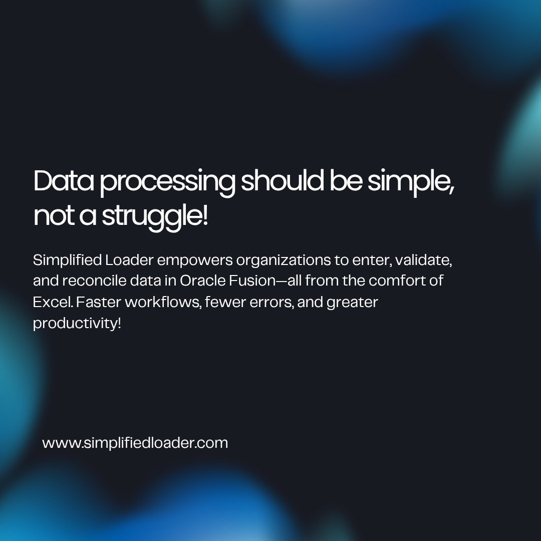 simplifiedloadr's tweet image. Data processing should be seamless, not stressful!
🔹 Enter, validate, and reconcile data in Oracle Fusion directly from Excel.
🔹 Boost productivity with faster workflows and fewer errors.
🔹 Simplify your processes with Simplified Loader
#OracleFusion #SimplifiedLoader #Oracle