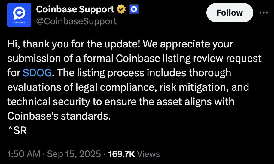 Cryptolution's tweet photo. After speaking with @CoinbaseSupport, I can confirm the account is managed by real humans, not AI. 

The account publicly acknowledged the $DOG listing application yesterday but cannot comment on the review process or timeline to preserve fairness and prevent market speculation. https://t.co/tQh9egzcfP