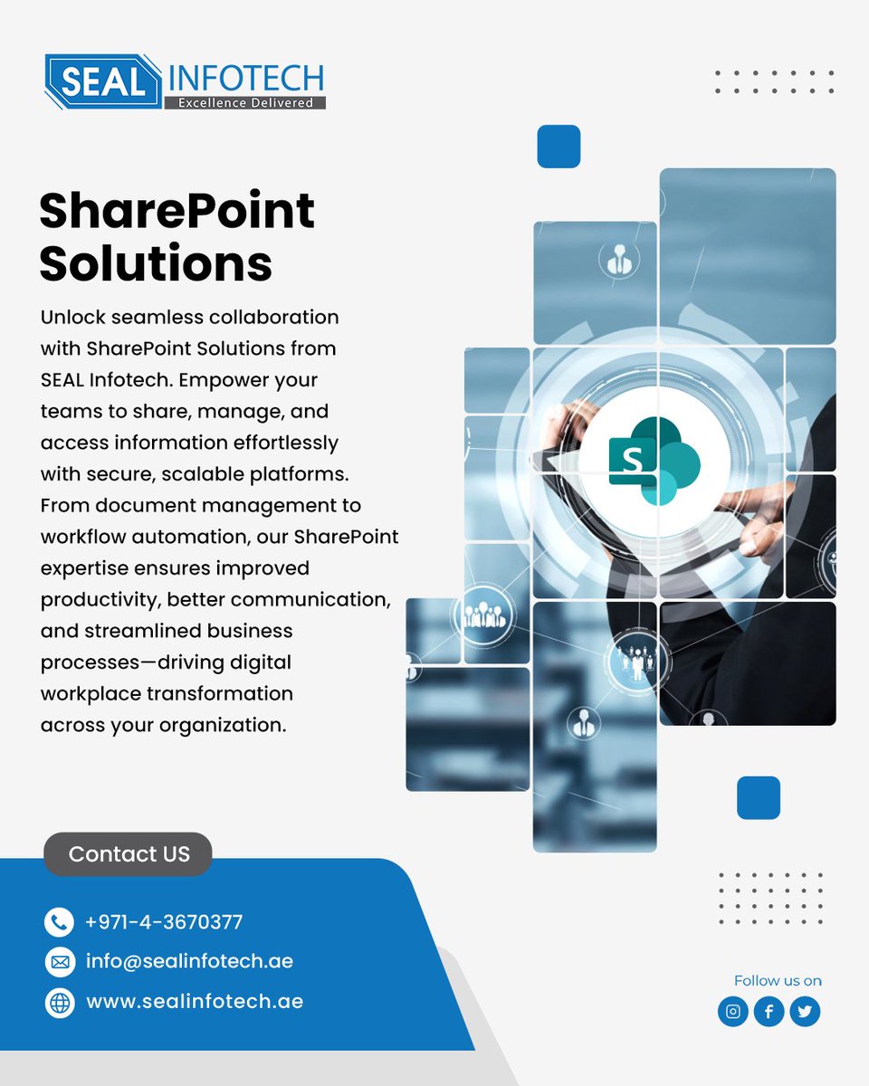 sealinfotech's tweet image. At SEAL Infotech, we deliver end-to-end SharePoint Solutions that help businesses achieve a truly connected digital workplace.
📞 +971-4-3670377
🌐 sealinfotech.ae
📧 info@sealinfotech.ae
#sealinfotech #sharepointsolutions #digitalworkplace #teamcollaboration #sealsap