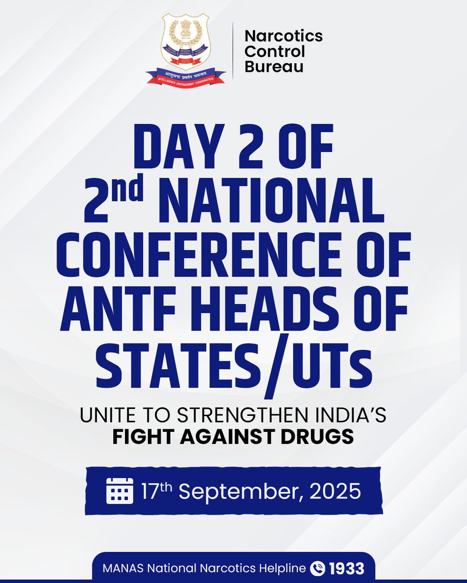 narcoticsbureau's tweet photo. Day 2 of the 2nd National ANTF Conference begins today.

Heads of States/UTs continue their united mission — strengthening strategies, sharing experiences, and building stronger frameworks to secure a #DrugFreeIndia. 🇮🇳🚭

#ANTFDay2 #NCB #ANTFConference2025 #NarcoticsControlBureau #DrugFreeIndia #ANTF2025 #UnitedResolveSharedResponsibility #FightAgainstDrugs #UnitedAgainstDrugs

@HMOIndia @dg_ncb @PIBHomeAffairs @MSJEGOI @DDNational @airnewsalerts