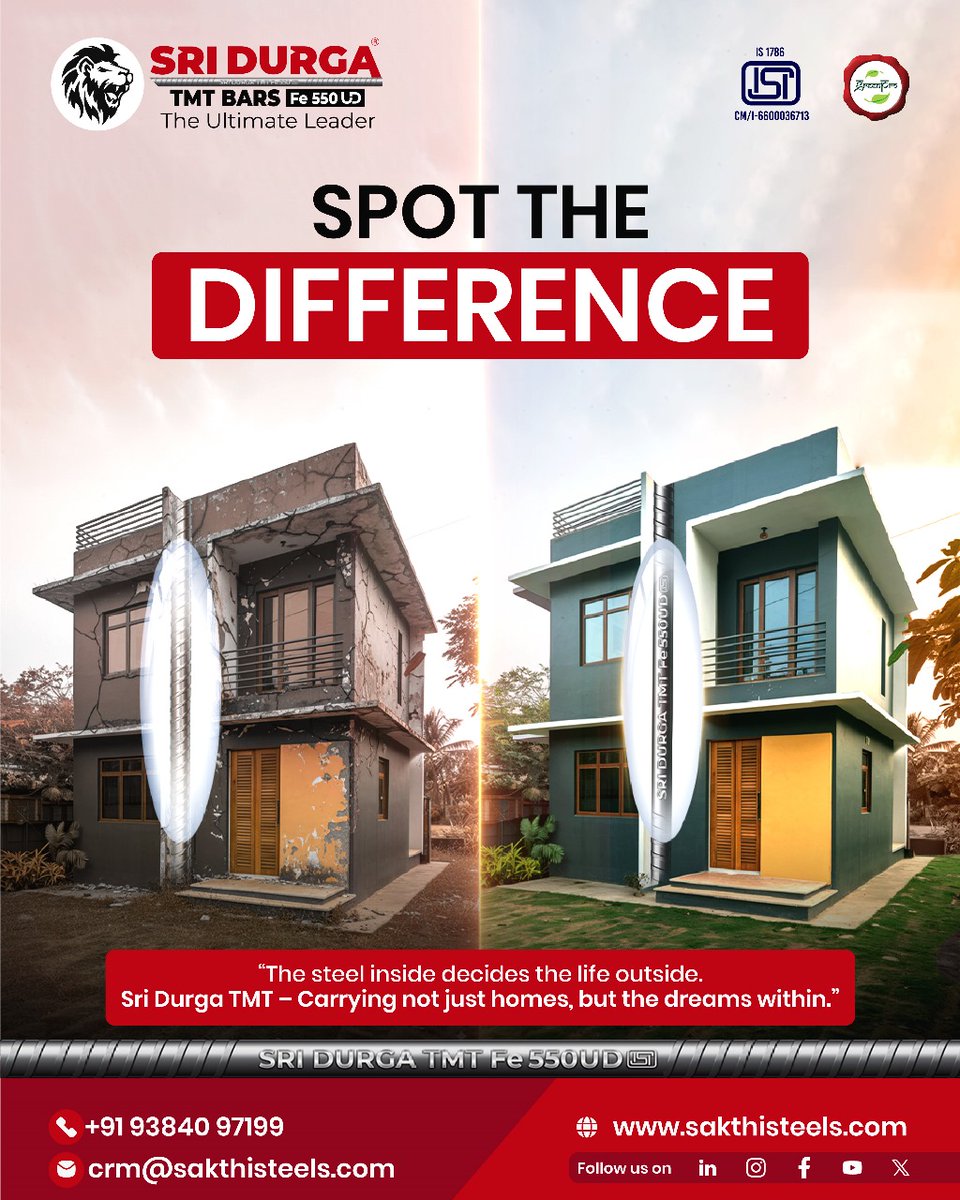 SriDurgaTmt's tweet image. Luxury begins with strength.

Not just houses – we craft legacies that stand the test of time.

#Sridurgatmt #Fe550UDtmt #TrustedSteel #tmtbars #Construction #tmtsteel #MadeInIndia #Rods #Rebars #steel #strongsteel #buildingmaterials #tmt #tmtdealers #tmtdistributors
