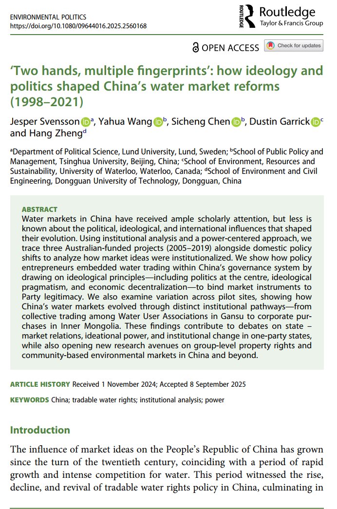 Our new article in Environmental Politics shows how market ideas, shaped China’s water market reforms (1998–2021).We trace how policy entrepreneurs and Party ideology forged a “two hands, multiple fingerprints” approach: state steering, local markets, and ideas as the glue.