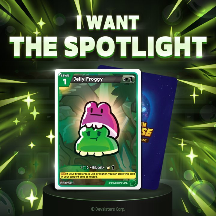 CRBraverseEN's tweet image. Jelly Froggy also wants the spotlight in CookieRun: Braverse Age of Heroes and kingdoms! 🌟🐸

[Jelly Froggy Giveaway Event 🎉]
Jelly Froggy is giving away CookieRun: Braverse Green Starter Decks (NA version)!

🎁 Prizes: 6 Green Starter Decks (NA) for 6 best supporters
📌 How to…