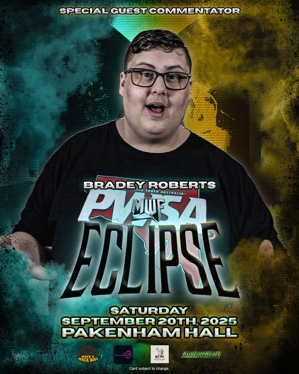 BRADEY ROBERTS JOINS THE FEDERATION

For one night only, the former General Manager of <a href="/PWSA_Wrestling/">Pro Wrestling South Australia</a>, Bradey Roberts, joins Michael Thompson &amp; DJ Dirty Sprite on the call for #MWFEclipse!

Tickets are ALMOST sold out: shorturl.at/I8OpI