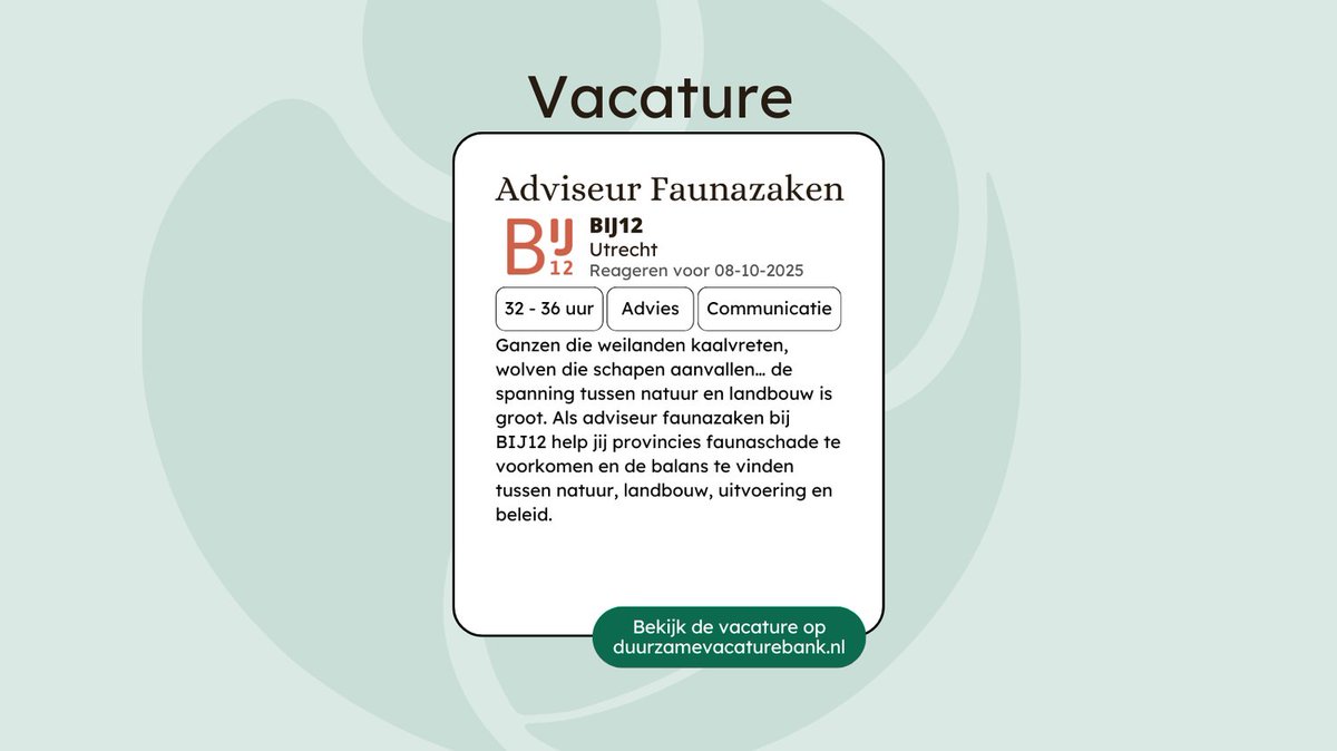 Als adviseur faunazaken bij BIJ12 help jij provincies faunaschade te voorkomen en de balans te vinden tussen natuur, landbouw, uitvoering en beleid.

duurzamevacaturebank.nl/vacature/advis…

#vacature #duurzamevacature #duurzaamwerk