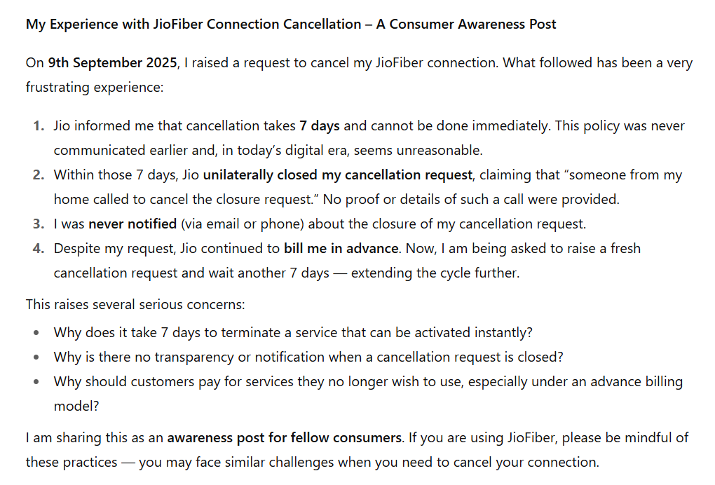 kotharimb's tweet photo. #CustomerExperience #ConsumerAwareness #ConsumerRights #JioFiber #JioCare #BroadbandServices #ServiceTransparency @DoT_India @TRAI https://t.co/vkel9i4Xr8