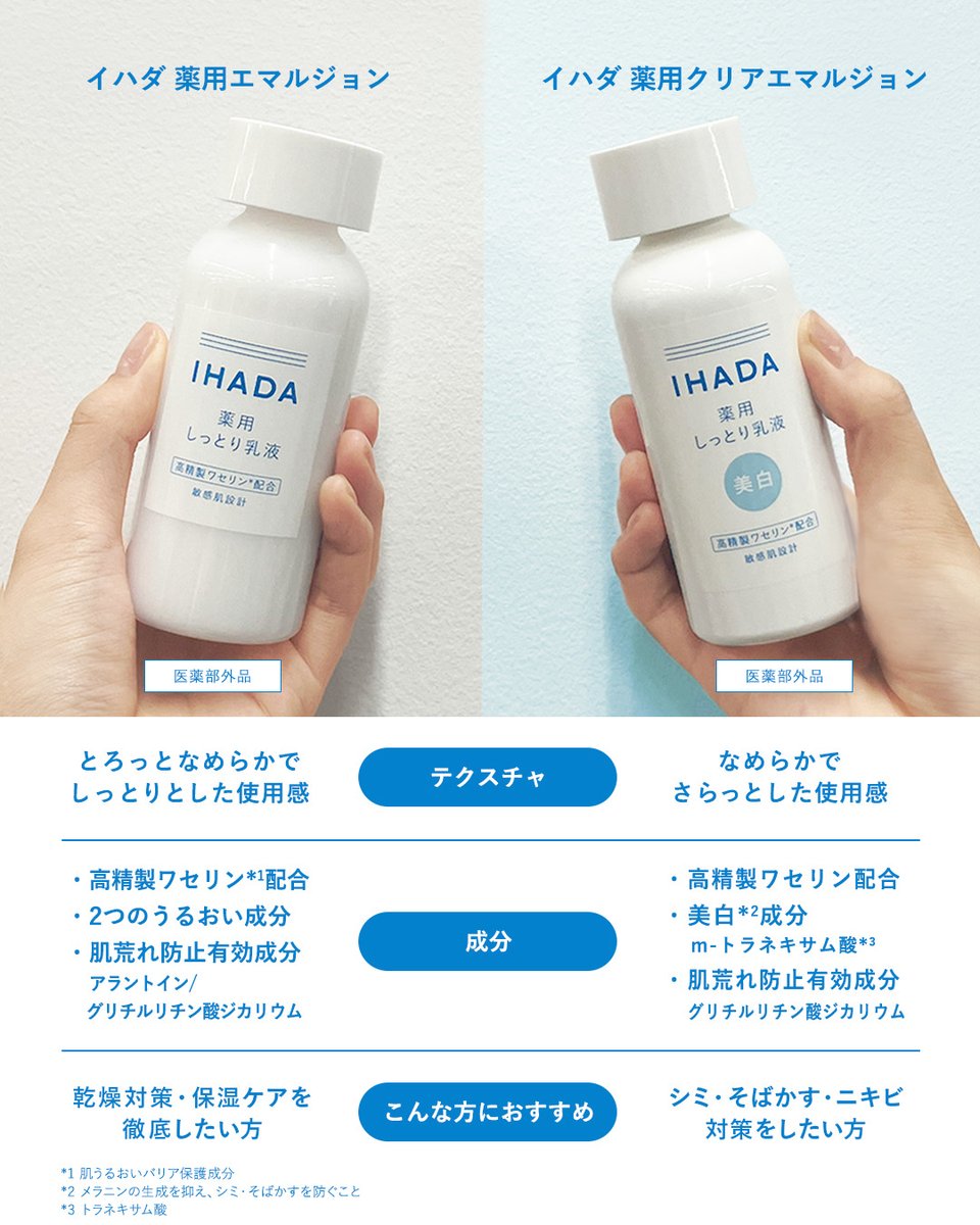 ／
イハダの乳液、あなたはどっち選ぶ？
＼

たくさんの方に愛されている乳液を比較してみました✨ベタつかず軽いつけ心地で、今の季節にぴったりなアイテムです♪

成分やテクスチャを比べてみて、自分に合う乳液を取り入れてみてくださいね！

詳しくは画像をチェック✅