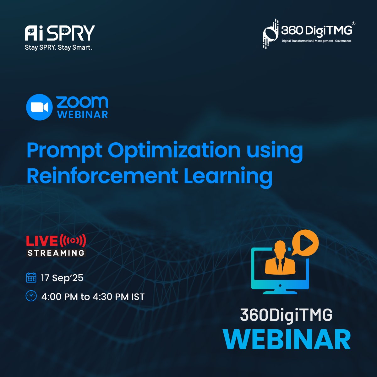 360digitmg's tweet image. 🚀Prompt Optimization using Reinforcement Learning | 360DigiTMG
📅 Date: 17th September 2025
🕓 Time: 4:00 PM IST
📝 Register Now by clicking the link below 👇
360digitmg.zoom.us/webinar/regist…
#PromptOptimization #ReinforcementLearning #AI #MachineLearning #DeepLearning #360DigiTMG