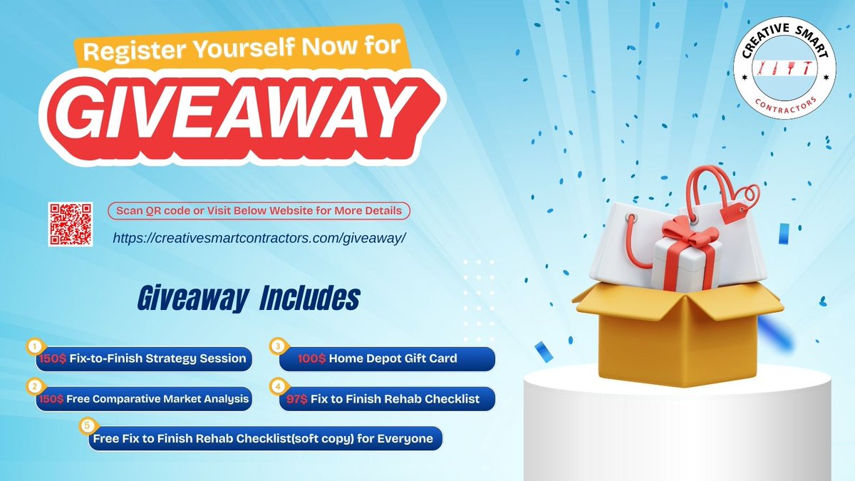 csccontractor's tweet image. Have you entered the Fix-to-Finish Giveaway yet?

$597 rehab bundle up for grabs:
$100 Home Depot card
CMA
Strategy call
Checklist

Share for extra entries
Referral = double win!
creativesmartcontractors.com/giveaway/

#GiveawayAlert #ChicagoInvestor #CreativeSmartContractors #ChicagoRealEstate