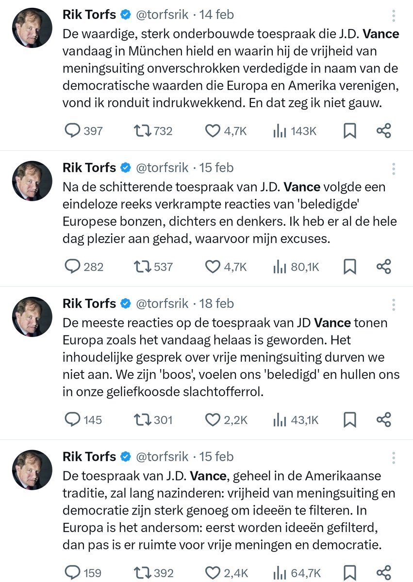 Bennytouzine's tweet photo. Links zie je de liefdesbrieven van Rik Torfs aan JD Vance en de vrije meningsuiting.

Rechts zie je JD Vance, die gisteren opriep om werkgevers te contacteren van mensen die "foute" meningen op sociale media posten.

Is JD Vance nog steeds zijn grote vrije meningsuiting held? https://t.co/EhEBfIqJNC