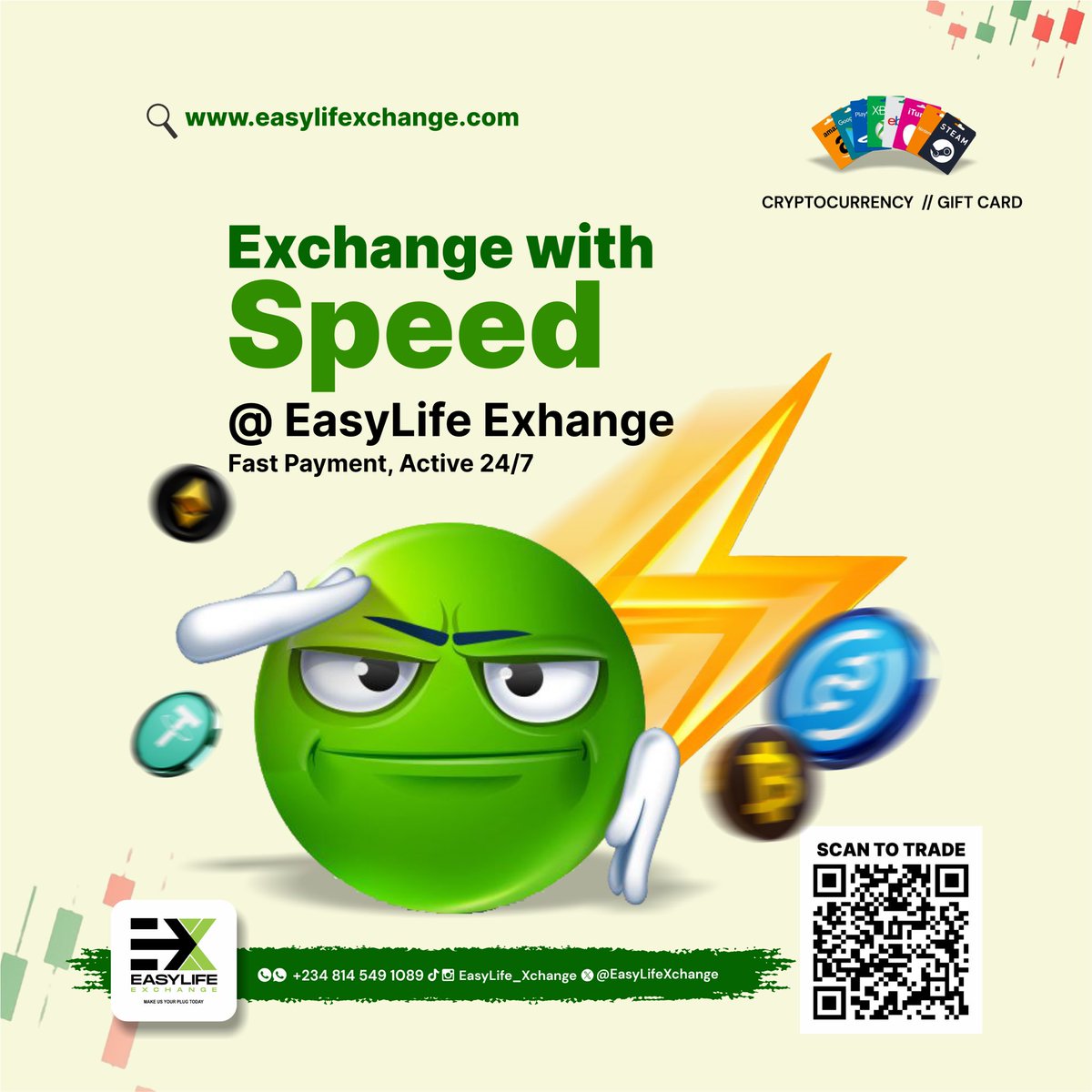 Exchange with Speed at EasyLifeXchange!

Experience the fastest way to exchange your cryptocurrencies and gift cards at EasyLife Exchange. Our platform is designed to provide:

Fast Payment
- Instant Transactions: Enjoy quick and seamless transactions, ensuring you get the best