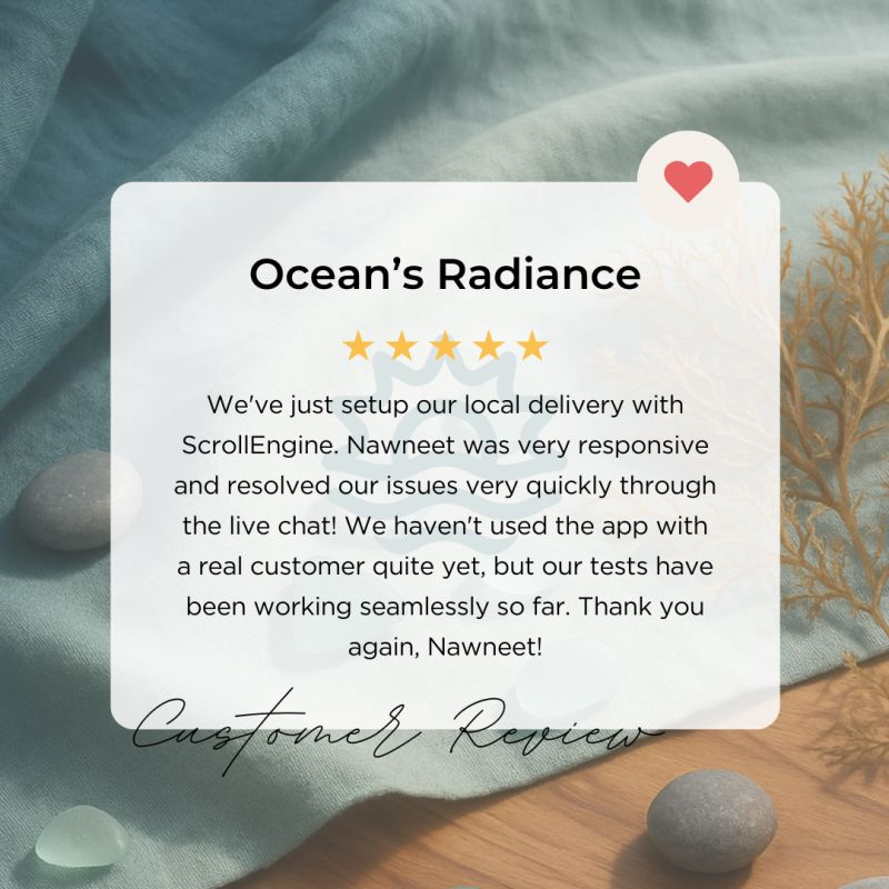 scrollengine's tweet photo. We love seeing our partners succeed! 🌊
Ocean’s Radiance recently set up local delivery with ScrollEngine, and we couldn’t be happier to hear about their seamless experience.

#scrollengine #localdelivery #shopify https://t.co/iJ4kFl04xP