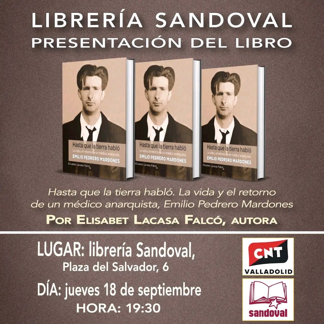 El Grupo de Memoria Histórica de la CNT de Valladolid, junto con la autora, presentará el libro el próximo 18 de septiembre a las 19:30 horas en la librería Sandoval (Plaza del Salvador, 6). ¡Te esperamos! 👉🏼 cntvalladolid.es/valladolid-18-…