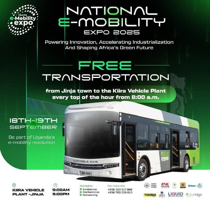 Dear citizens, you are invited to the National #EMobilityExpo2025 on 18–19 September at the #KiiraVehiclePlant. Enjoy free entry, free shuttles from Jinja Town, and witness Uganda’s progress in clean mobility through the Kayoola electric buses.