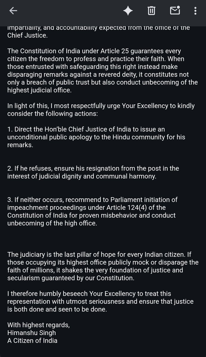 Wrote to <a href="/rashtrapatibhvn/">President of India</a> urging action on remarks by the CJI on Lord Vishnu. Requested clarification, apology, or, if refusal, consideration of impeachment under Art. 124(4) to uphold the dignity of the judiciary &amp; protect citizens’ faith.

Email - Secy.president@rb.nic.in

To,
