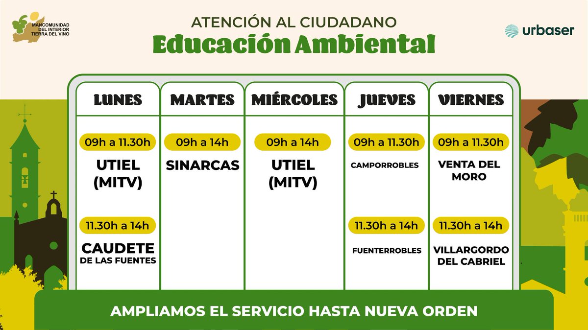 🌿 Ampliamos el Servicio de Atención al Ciudadano y Educación Ambiental

🗓️De lunes a viernes, nuestra educadora ambiental visitará cada municipio
✅ Info y novedades
✅ Resolver dudas
✅ Recoger sugerencias

📍 Utiel: sede #MITV (C/ Adarve, 5)
📍 Resto: Ayuntamientos