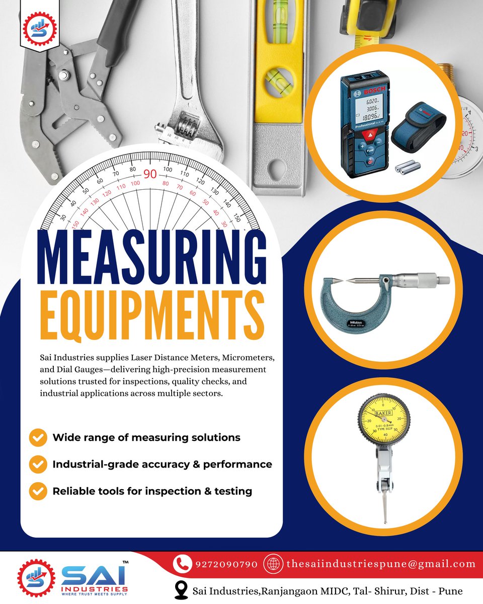 Sai__Industries's tweet image. Sai Industries brings precision with Laser Distance Meters, Micrometers, and Dial Gauges. Designed for accuracy, durability, and reliability—perfect for quality control and industrial measurement needs. Nationwide supply with trusted quality.

#saiindustries #MeasuringTools