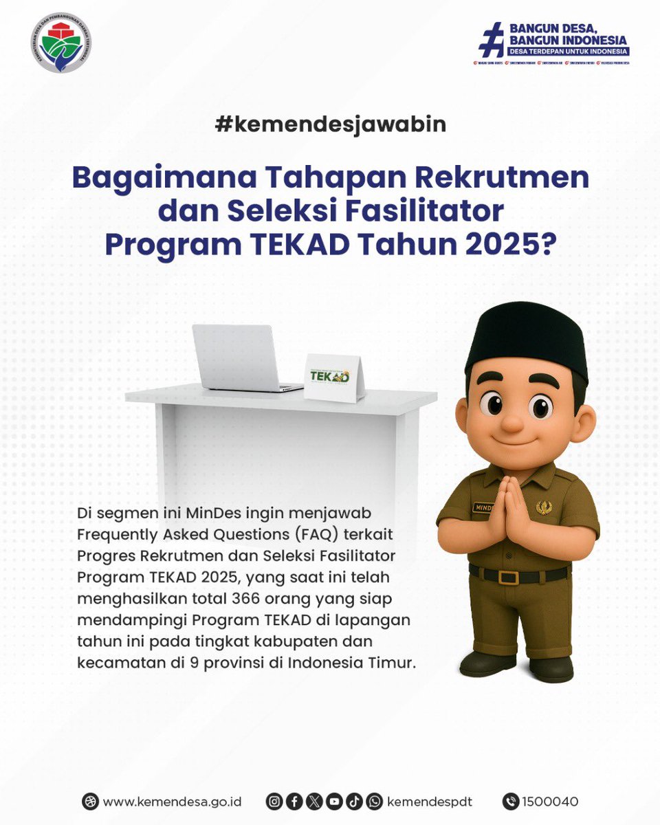 kemendespdt's tweet photo. π Segmen #KemendesJawabin kali ini hadir untuk menjawab pertanyaan #SobatDesa yang masuk melalui kanal SIPEMANDU seputar seleksi Program TEKAD.
Yuk, simak infografis berikut untuk mengetahui informasinya! β¨
#KemendesPDT
#BangunDesaBangunIndonesia
#ProgramTEKAD2025 https://t.co/NVkAfsPEDg