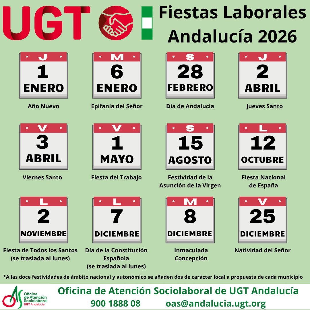 📅 FIESTAS LABORALES EN ANDALUCÍA 2026

📲 No olvides compartir y...

🗓️ Elaborar el #CalendarioLaboral  es tu derecho ✊💪

¡Que no te pillen por sorpresa! 🗓️😉

➕ 2⃣ Fiestas Locales

#FiestasLaborales #Andalucía #UGT #Fiestas2026