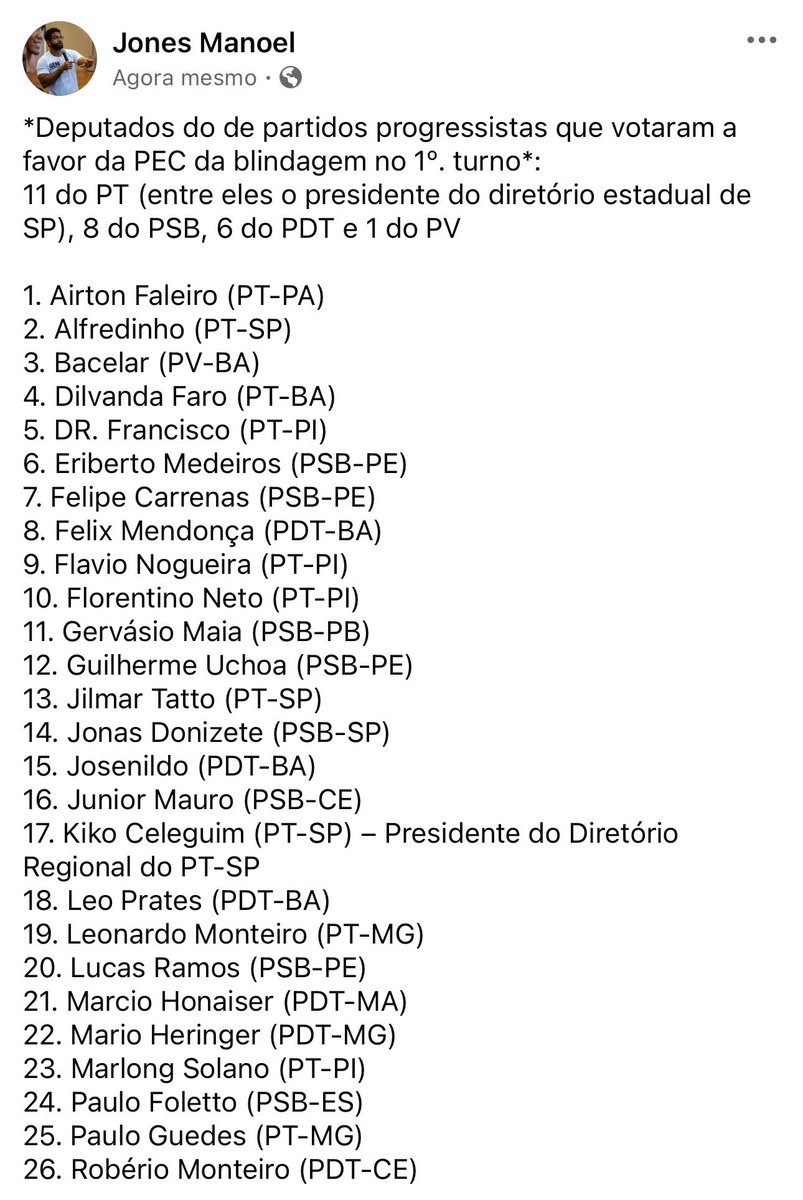 <a href="/gleisi/">Gleisi Hoffmann</a> Querida, 12 deputados do nosso partido votaram a favor da PEC da Bandidagem. O <a href="/ptbrasil/">PT Brasil</a> vai fingir que não aconteceu? Que merda é essa?